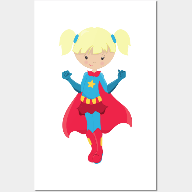 Superhero Girl, Cute Girl, Blonde Hair, Red Cape Wall Art by Jelena Dunčević